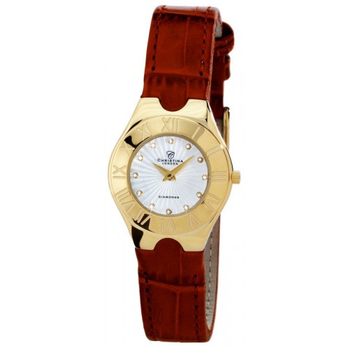 Christina London doublé dameshorloge met 12 diamanten op de wijzerplaat en een bruin lederen band. Kastdiameter 28mm - 000041722