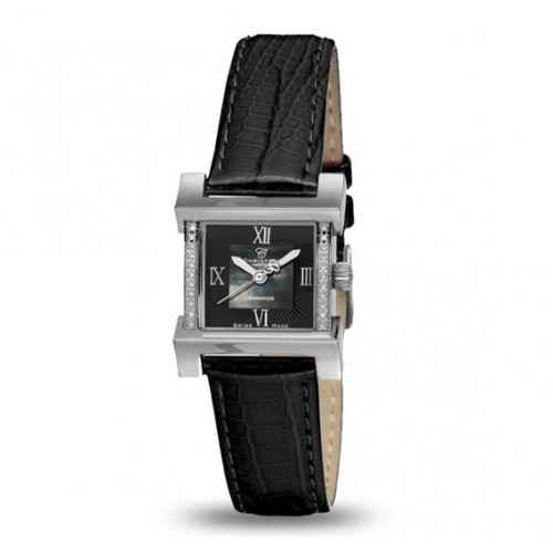 Christina London staal vierkant dameshorloge met deels zwarte parelmoer wijzerplaat en langs de van de kast 22 briljant geslepen diamanten. Het horloge is uitgevoerd met een zwart lederen band - 000040114