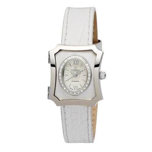 Christina London dames horloge met drie zelf te verwisselen leren bande, een zwarte, een rode en een witte band. Rondom de wijzerplaat een rand met 28 briljant geslepen kleine diamanten - 000040117