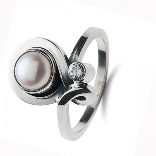 Rabinovich geoxydeerd zilveren ring met parel en ziirkoniamaat 56 - 000044576