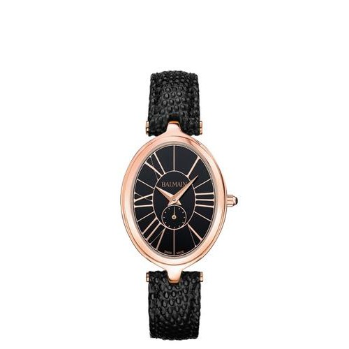 Balmain Haute Elegance Oval dameshorloge rosé PVD zwarte  wijzerplaat lerenband kasmaat 31,7x26mm - 608250