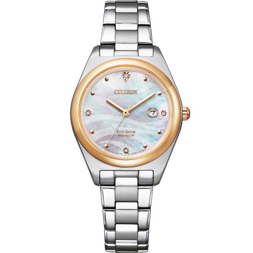 CITIZEN  dames horloge super titanium/double  met zirkonia, datum,  eco drive parelmoer wijzerplaat - 607693