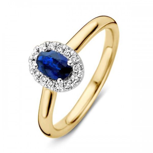 Excellent bicolor gouden entourage ring met briljant geslepen diamant 0.13 ct. en saffier 0.62 ct  mt. 56 - 607833